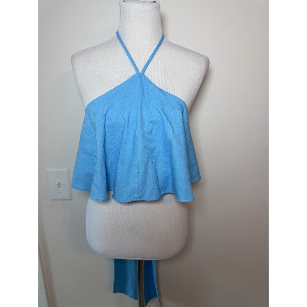 Idem Ditto Linen Blend Crop Wrap Top Boho Beach Blue Size Large